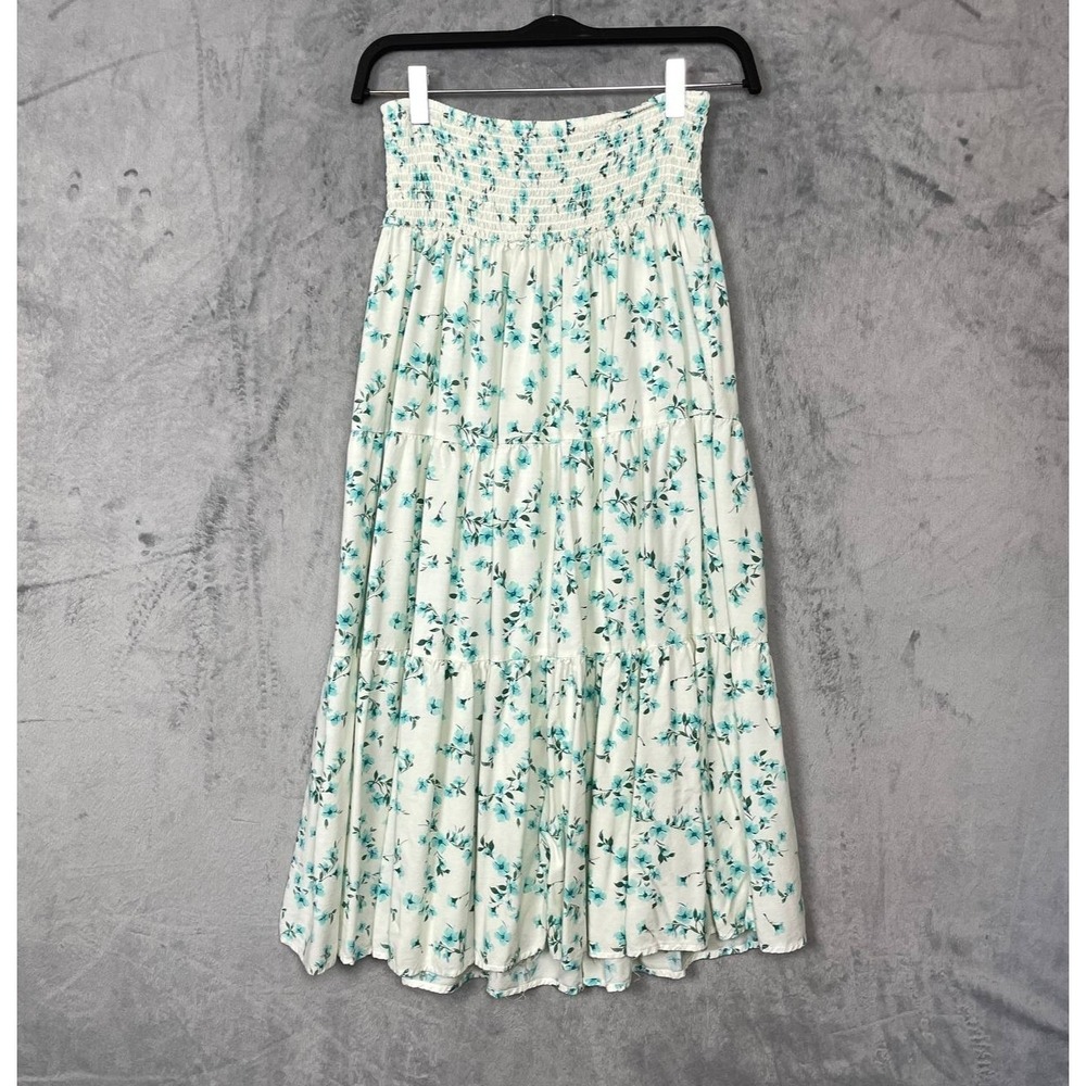 Cottagecore Ditzy Floral Tiered Midi Skirt Small Smocked Waist Picnic Blue Party